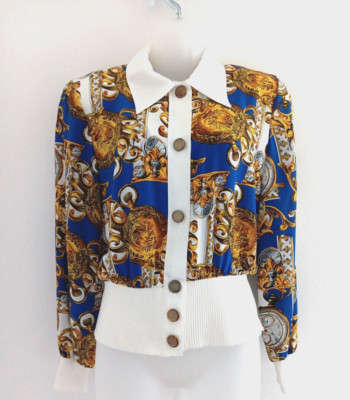 VTG Caron Chicago Blouse Women 10 Quiet Luxury Button Up Silky Chic Blue Gold