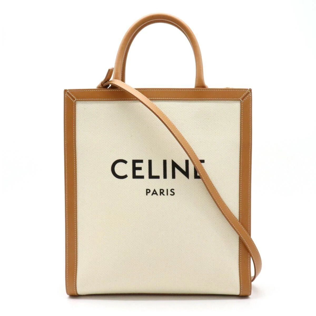 CELINE Small Vertical Cabas 2way Shoulder Bag Camel and White