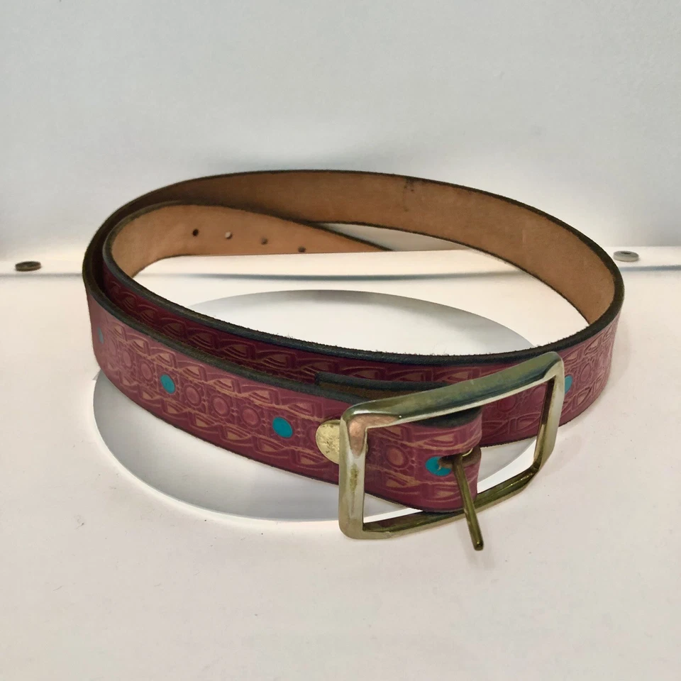 Womens Belt Multi Color Red Blue Brown Leather 46”Long Gold Tone Buckle Adjusts - Image 2 of 4