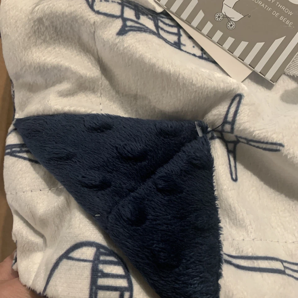 Airplane Baby Blanket Minky Boy Shower Gift Pilot Air Force Navy Blue Nursery - Image 2 of 4