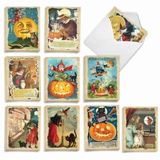 20 Asst'd Halloween Note Cards w/ Envelopes(10 Designs 2 Each) Vintage Witches
