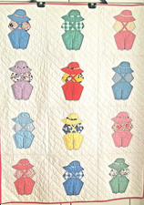Vtg Baby Quilt 54"x34" 1930s Dark Pink Edge Multi-color Boy Applique Figures