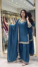 Latest Teal Blue Blooming Faux Kurta Palazzo With Dupatta For Wedding Wear