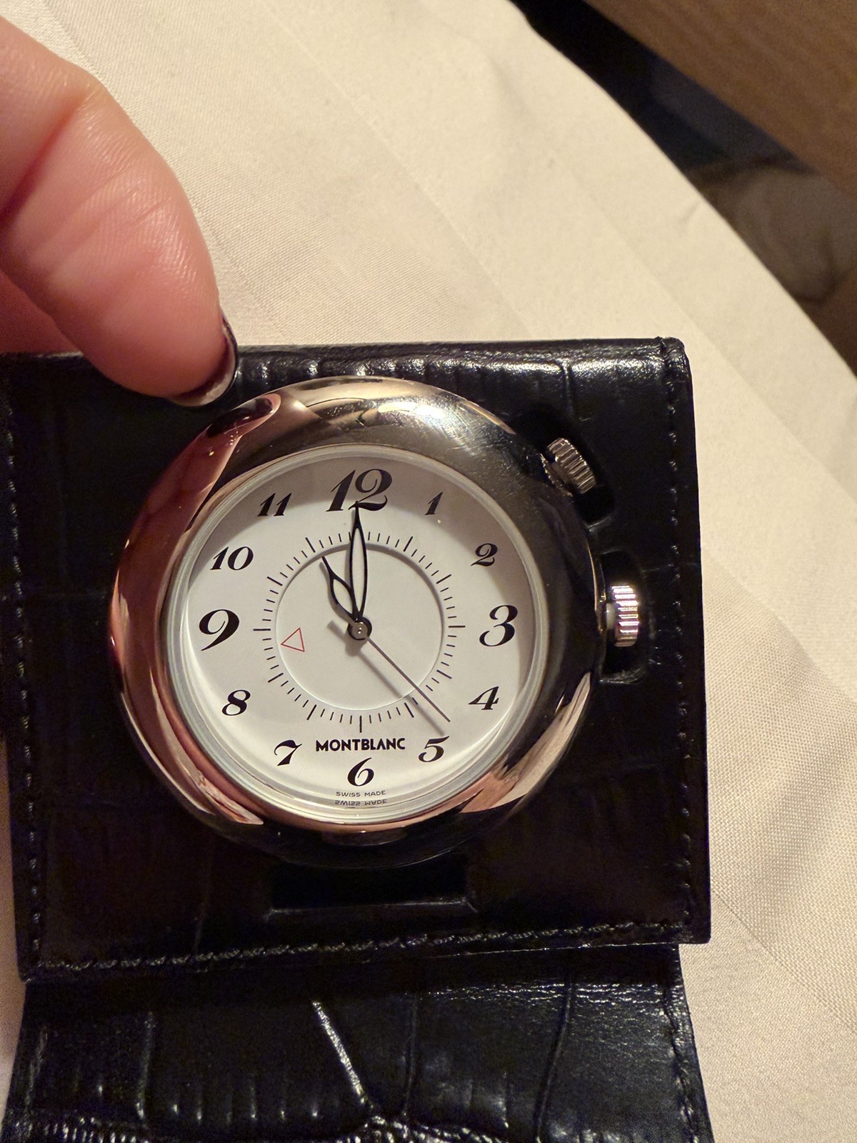 Montblanc Travel Alarm Clock 7056 with Black Leather case croc embossed/Box