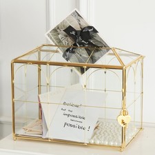 Glass Card Box with Slot, 10.2 inch Large Gold Clear Card Box for Wedding Rec...