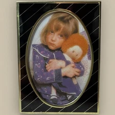 Vtg Art Deco Mini Gold Black Stripe Picture Frame Easel Back Holds 2x3” Moody