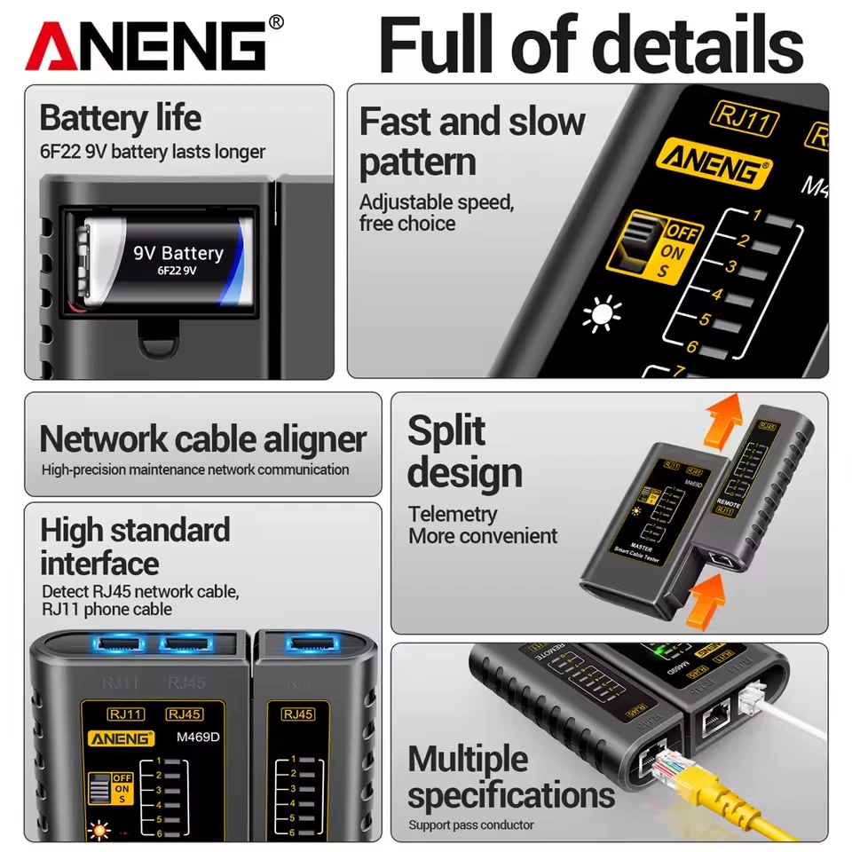 ANENG M469D Cable lan tester Tester per cavi di rete RJ45 RJ11 RJ12 CAT5 UTP LAN - Immagine 3 di 4