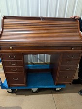 Antique Wooden Roll Top Desk Brown Medium Wood Tone, 8 Drawers
