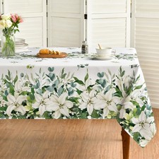 Spring Summer Table Cloth, 60 84 Inch Rectangular, Eucalyptus Floral Butterfl...