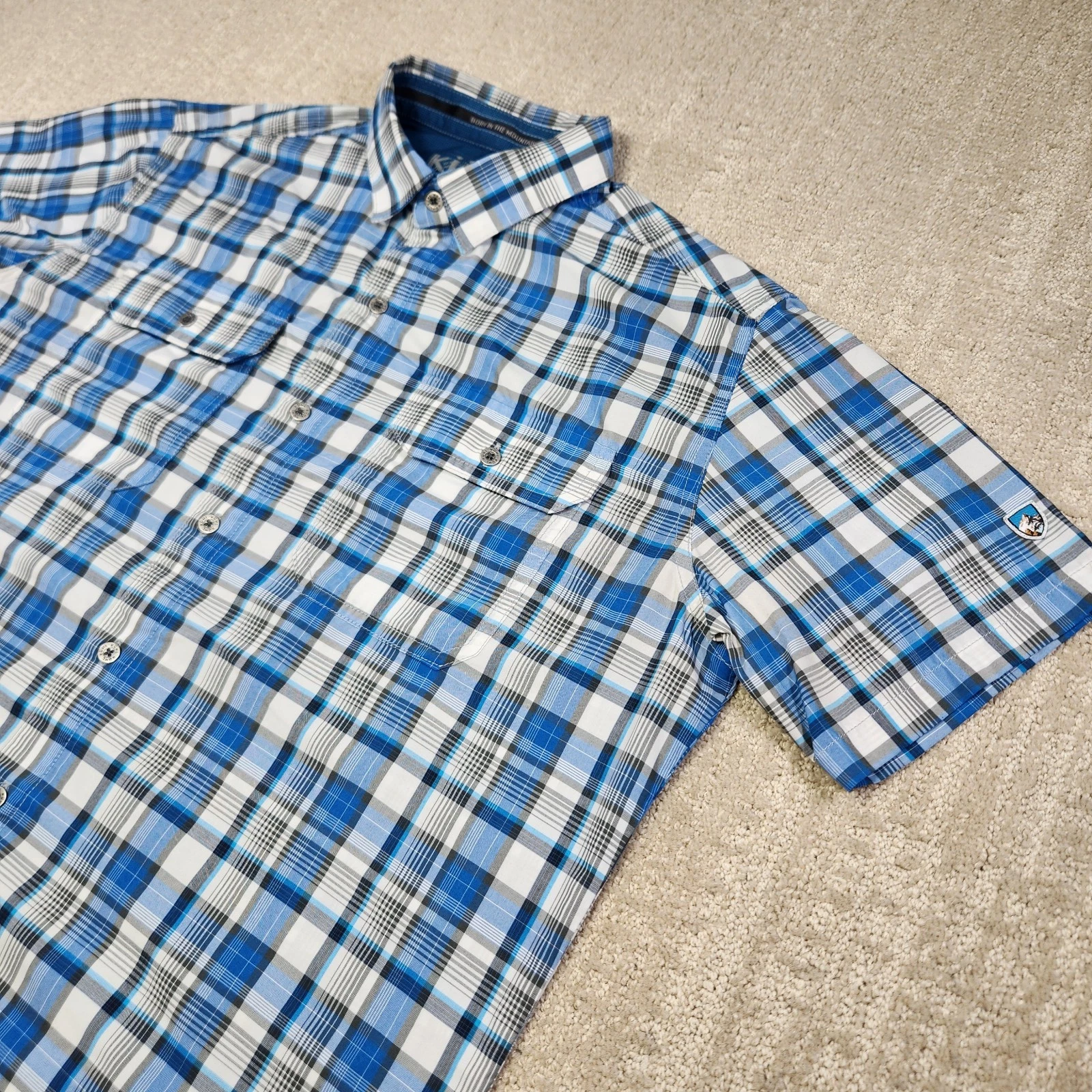 Kuhl Shirt Men Medium Eluxur Performance Metal Button Up Blue Plaid Hiking
