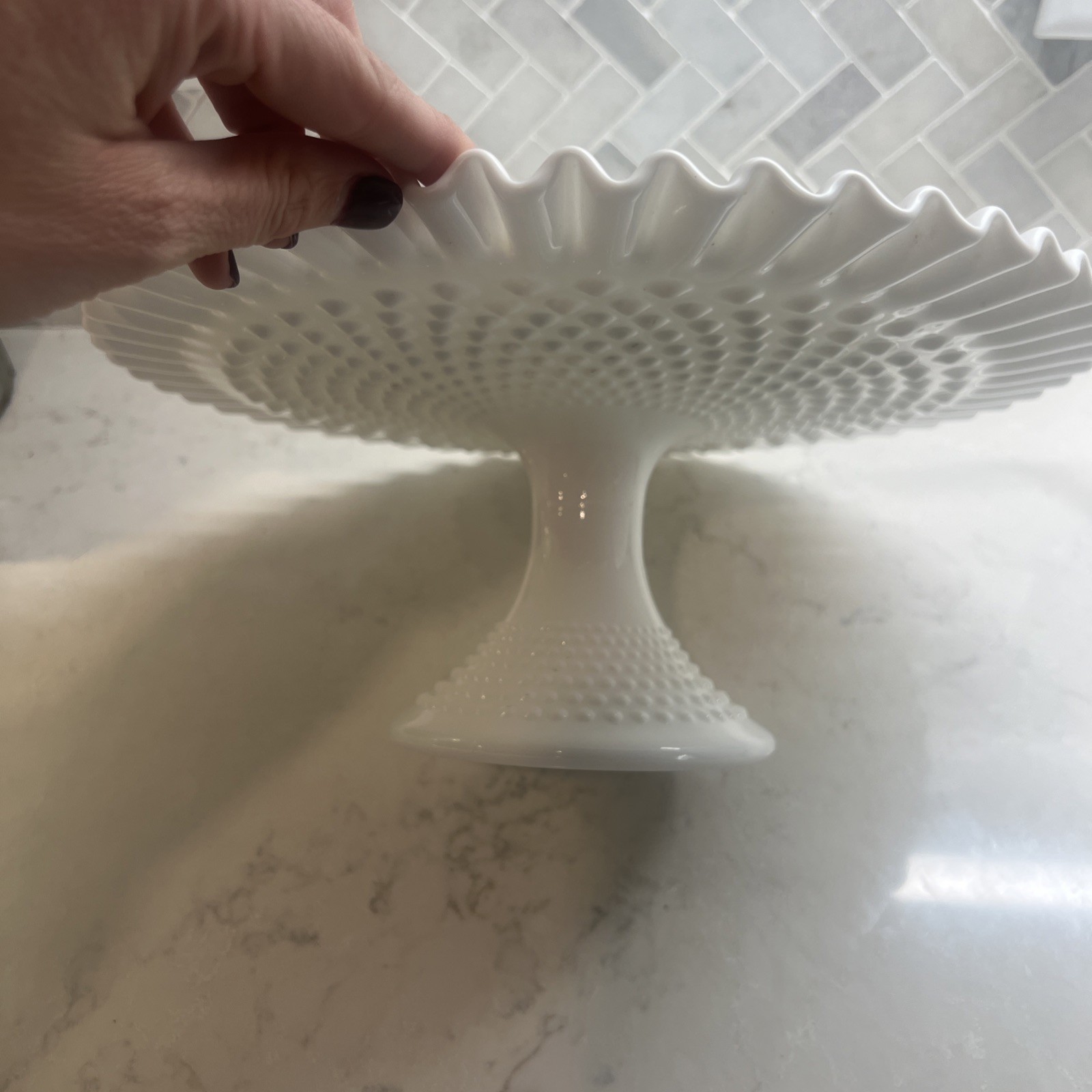 Fenton Milk Glass Hobnail Pedestal Cake Stand  Ruffled Edge 12.5”