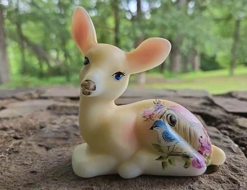 Fenton Opal Glass Bluebird House Deer Fawn Figurine Ltd Ed #12/36 M Kibbe