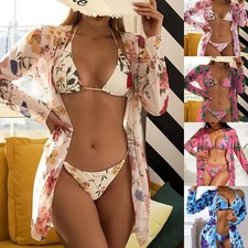 New Swimsuit Womens Printed Mesh Three-piece ...