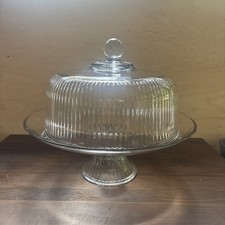    Anchor Hocking Monaco Footed Cake Stand w/ Dome 2 Pc Set In Box USA DISPLAY.