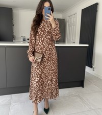 Lily and Lionel Midi Dress Size Small Brown Leopard Floral Satin Long Sleeve