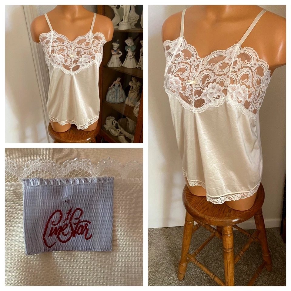 CAMISOLA DE COLECCIÓN AÑOS 70 CINESTAR MARFIL CON CANESÚ ANCHO DE ENCAJE TALLA 38 Foto 2 de 4