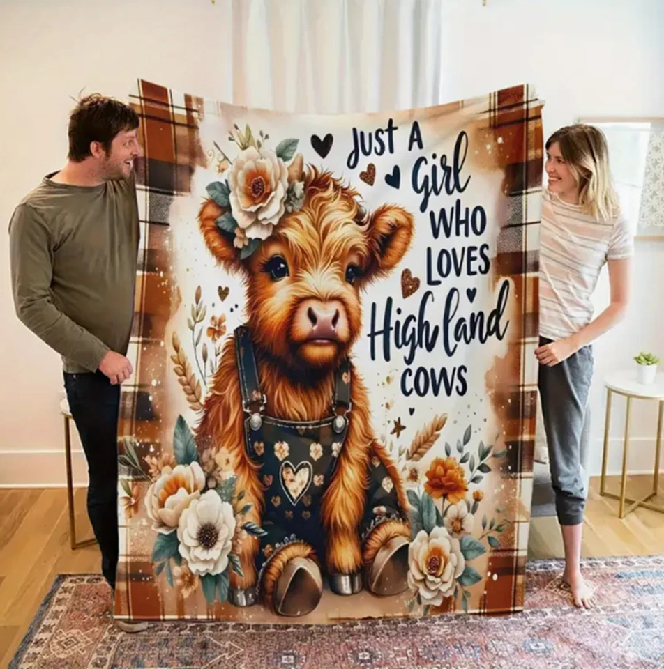 Bohemian Highland Cow Flannel Blanket - Floral & Heart Print Flannel Blanket - Image 3 of 4