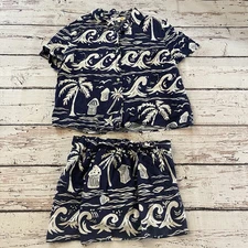 C&C California Top & Shorts Women’s Medium Blue Geometric Pull On Linen Blend