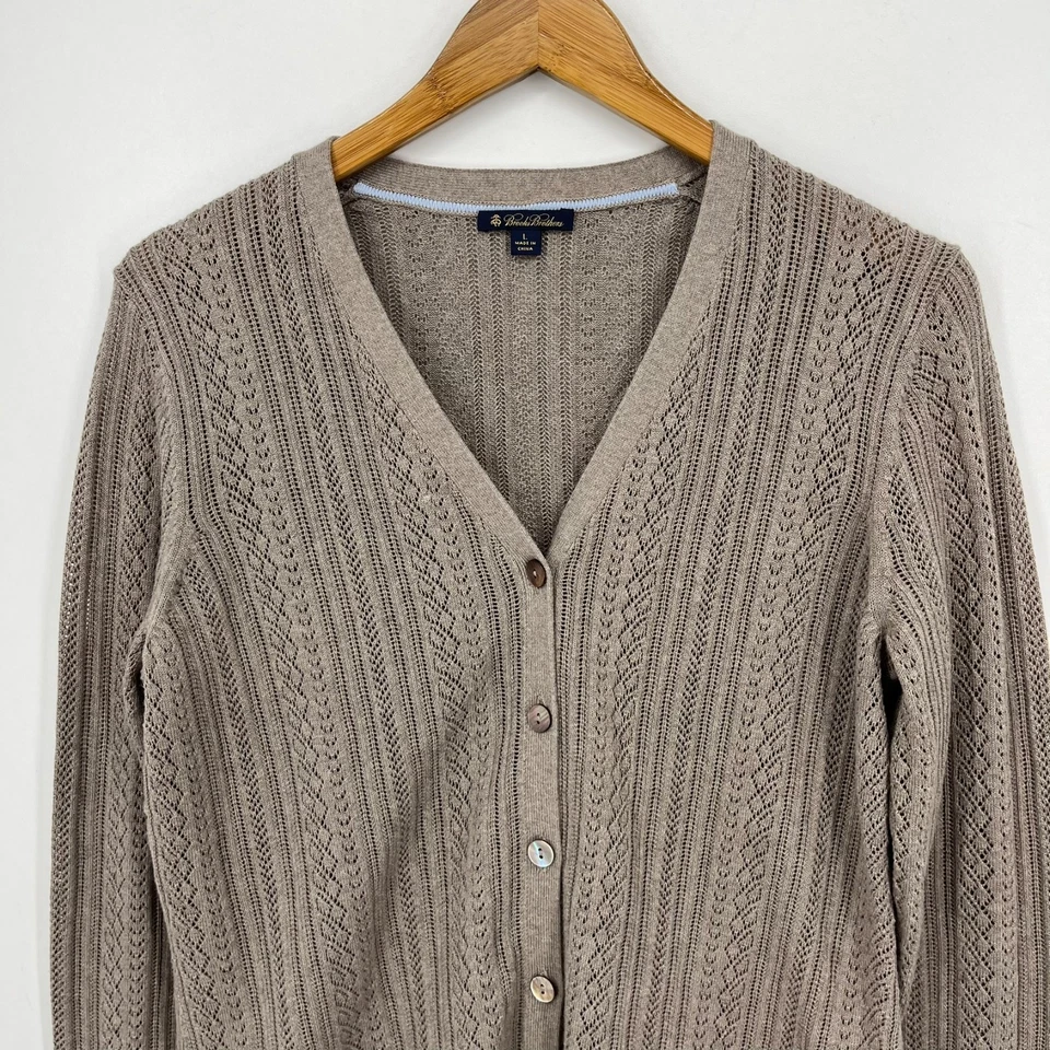 Cárdigan suéter Brooks Brothers para mujer L marrón tejido con cable algodón cachemir Foto 2 de 4