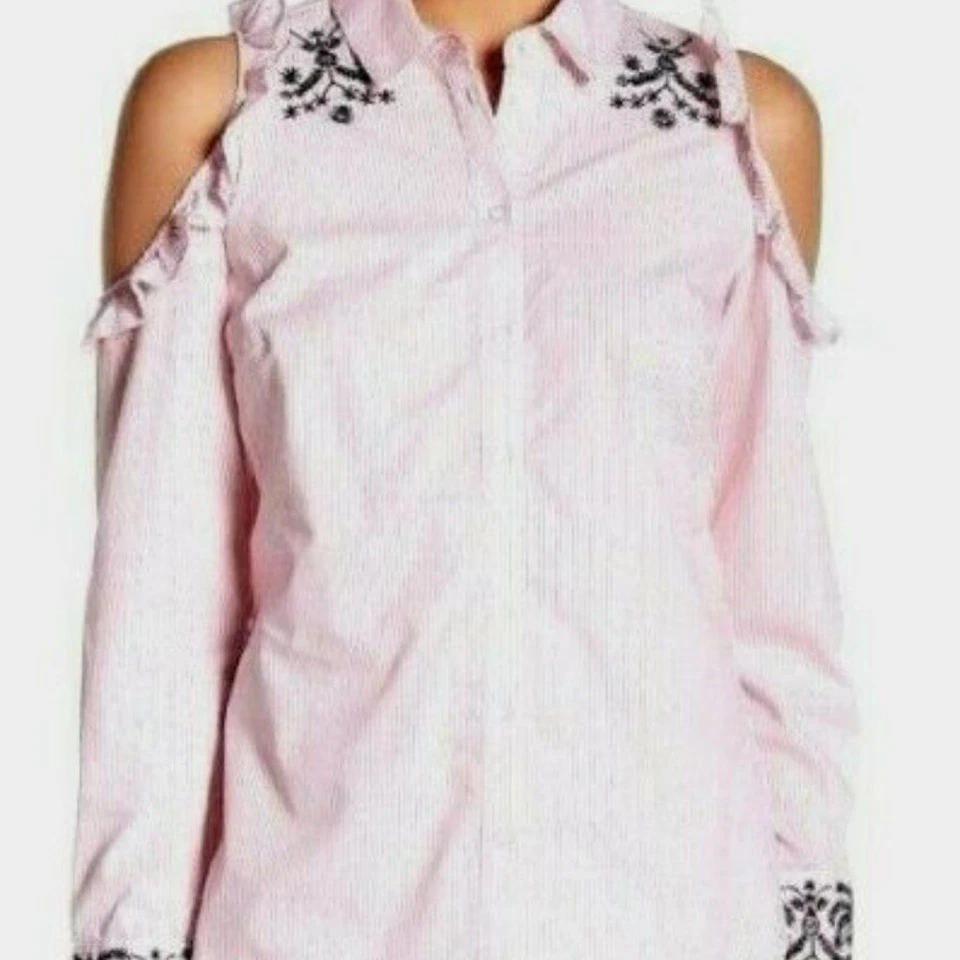 Nanette Lepore Flamingo Dreams 纽扣衬衫中号粉色白色条纹刺绣 — 第 2/4 张图片