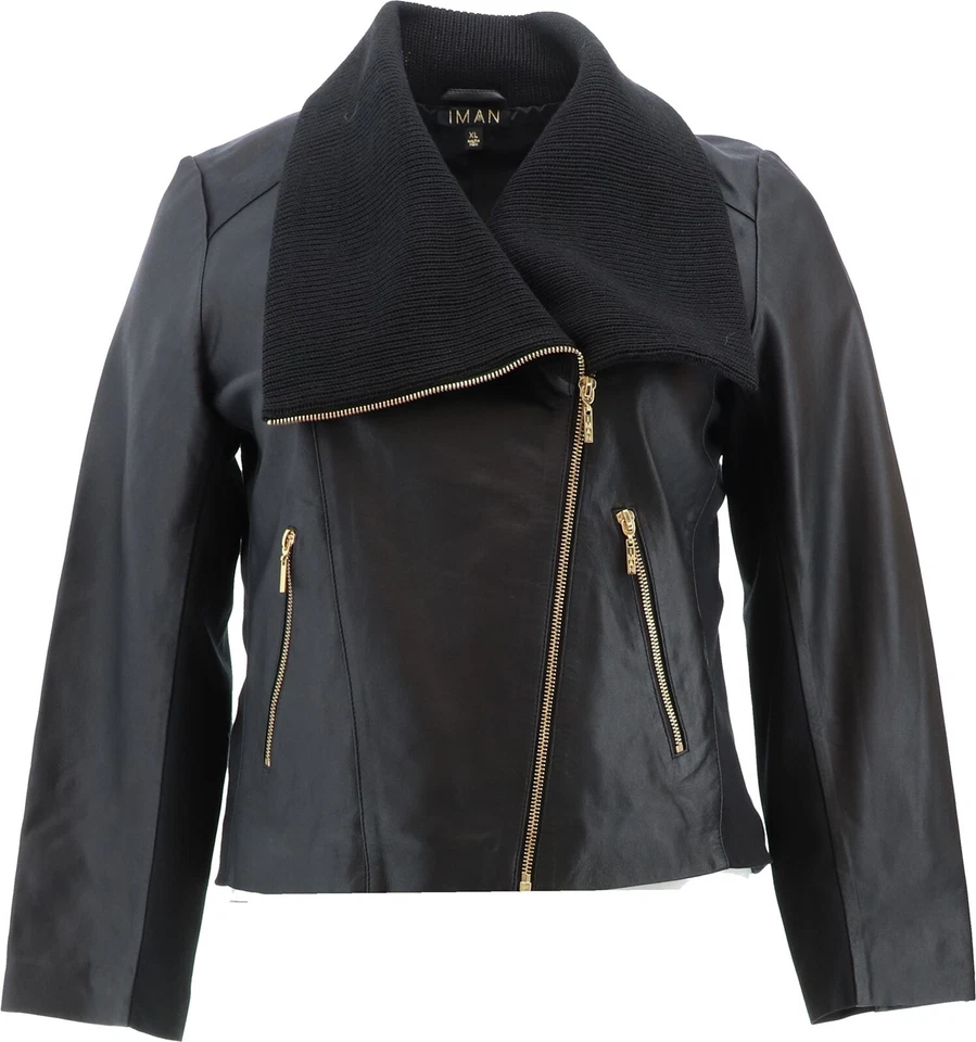 IMAN Global Chic Genuine Lamb Leather Moto Jacket BLACK XS NWOT (123)