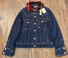 Nwt Faherty Andie Denim Trucker Jacket Buffalo Plaid Sherpa Collar Womens S $198