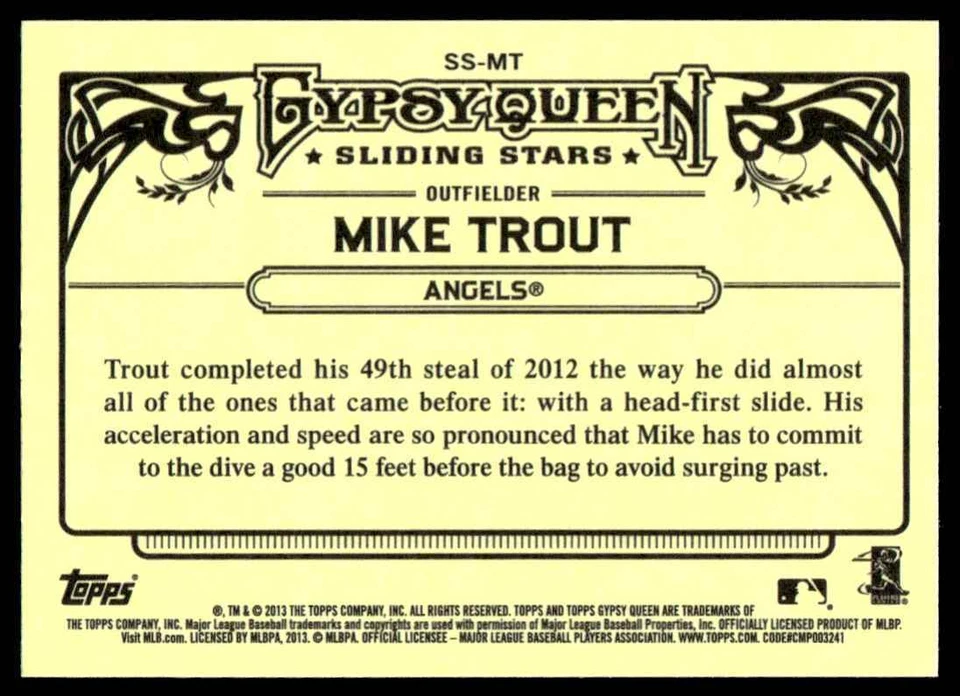2013 Topps Gypsy Queen Sliding Stars Mike Trout Los Angeles Angels #SS-MT R99 - Image 2 of 2