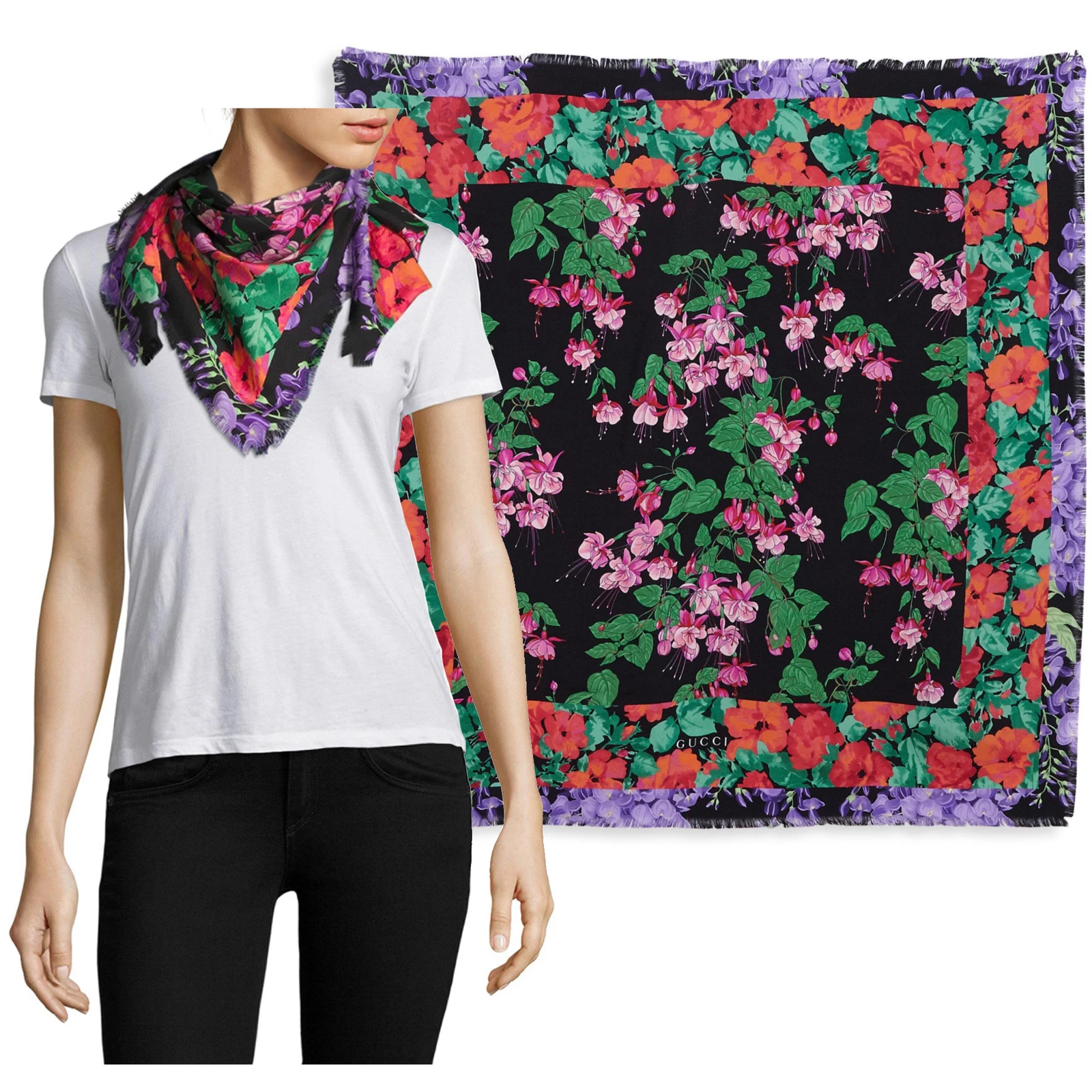 FOULARD GUCCI LENIS FLORAL NOIR IMPRIMÉ MULTICOLORE LOGO SERGÉ SOIE CARRÉ 35