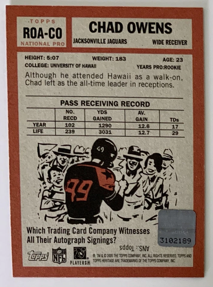 2005 Topps Heritage Real One Auto Chad Owens Card #ROA-CO Rookie Auto RC 🏈🔥 - Image 4 of 4