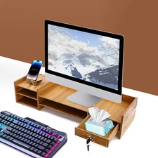 Wood Desk Organizer Home Office Desktop Storage Drawer Computer Holder w/Lock