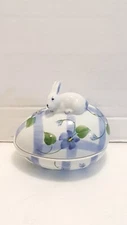 2 Piece Hand painted  Rabbit  & Pansies Flower Trinket Dish  w/ Lid