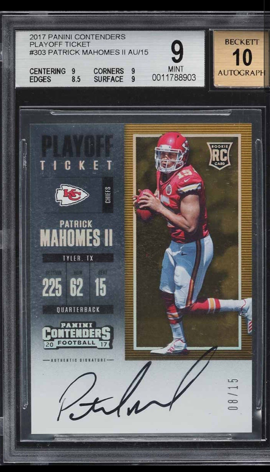 Patrick Mahomes Auto Inscription 2017 Contenders⚡Patrick Mahomes Auto⚡Playoff Ticket /15⚡RC #303⚡BGS 9 ...