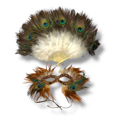 Vintage Real Peacock Feather Large Fan & Face Mask Cosplay Masquerade