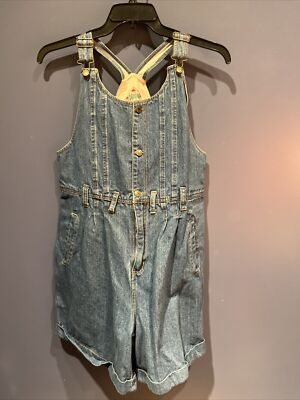 Large Bib 80s BONJOUR denim overall shorts cotton button Romper cuffed  pockets - Main Image