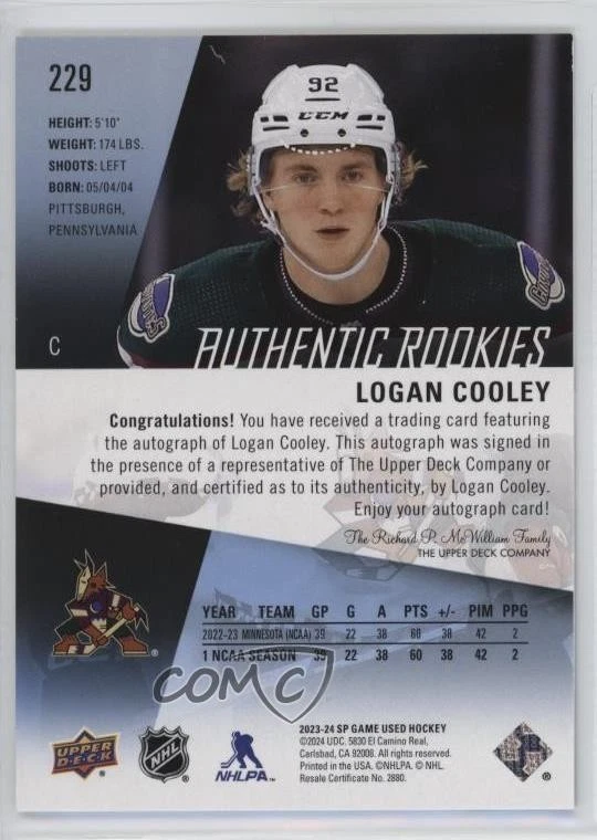 2023 Upper Deck SP Game Used Authentic Rookies Logan Cooley #229 Rookie Auto RC - Image 2 of 2