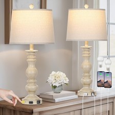 28" Farmhouse Table Lamps Set of 2 with USB C A Ports  AC Outlet for Vintage...