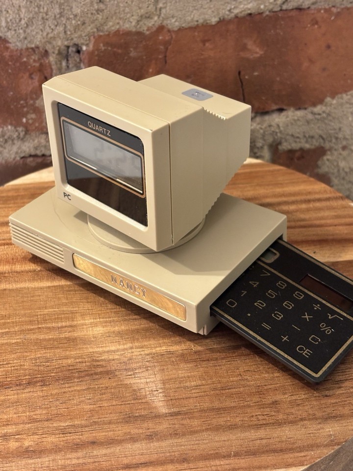 A genuine 80s Taiwanese PC-shaped desk clock that looks like it was pulled straight off the set of Stranger Things — wildly cool conversation piece.
