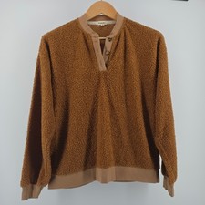 DONNI. Sherpa Fleece Henley Pullover Brown Tobacco Ribbed Trim Small Made in USA