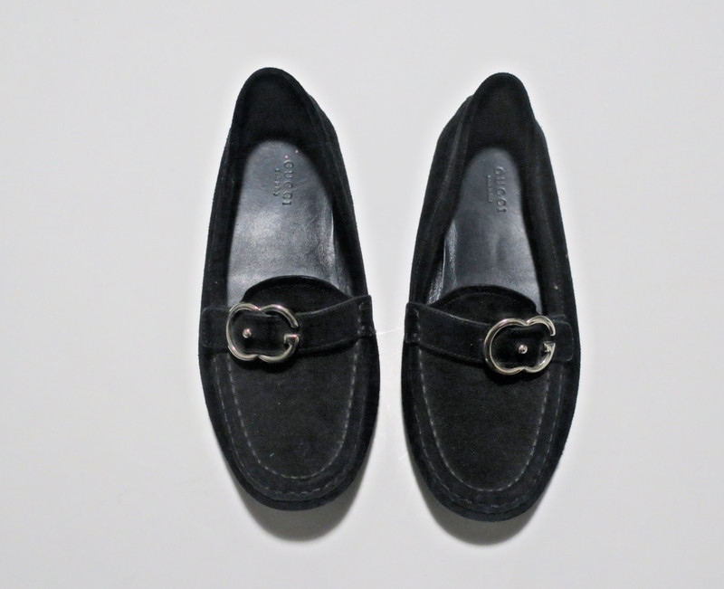 Gucci Black Women's Suede Interlocking loafer 370616 Size 36