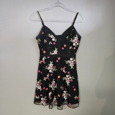 Lulus Womens Fleur Black Mesh Floral Embroidered Skater Mini Dress Size Medium