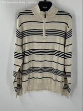 Chaps Mens Cream Blue Striped Long Sleeve 1/4 Zip Pullover Sweater Size L