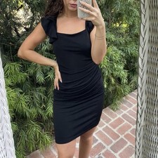 Black mini dress with ruched detailing on the shoulders sz m