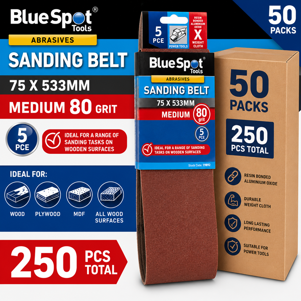 250x Bluespot Sanding Belts 80 Grit Paint Removal Belt Sander 75mm X 533mm
