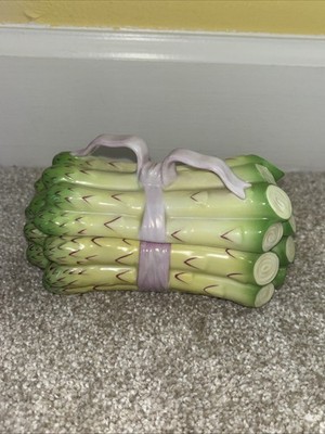 Herend Asparagus Dish Trinket Box Pink Ribbon Bow Porcelain Hungary