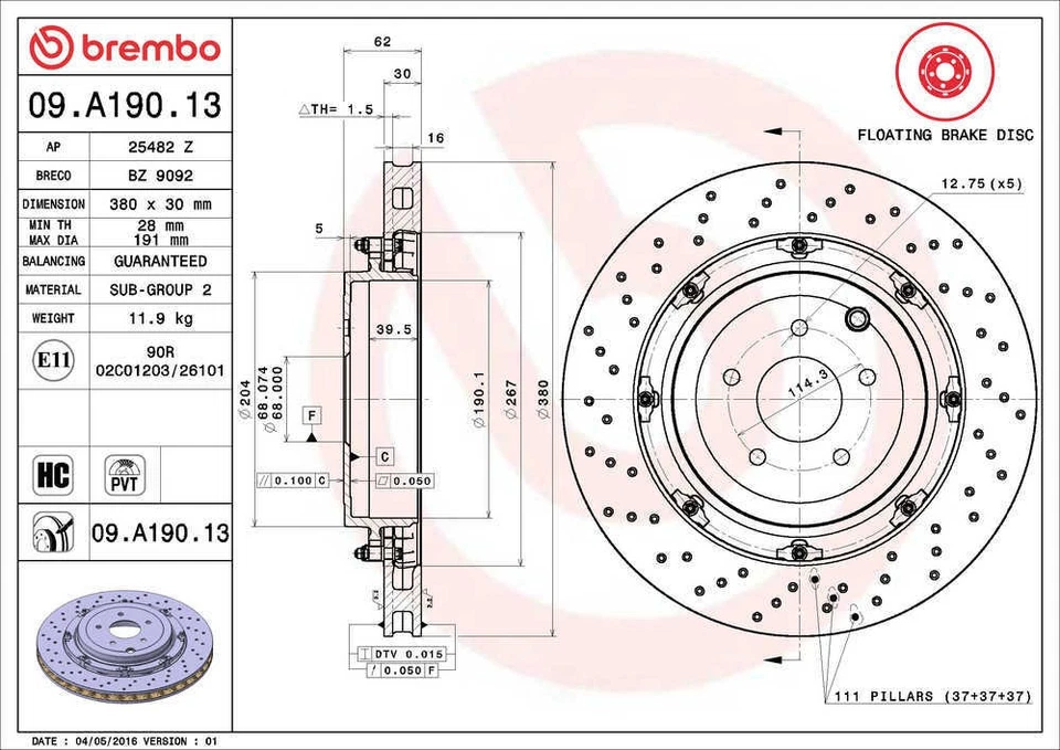 Rotor de freno de disco - Rotor equivalente premium OE Brembo se adapta a 09-21 Nissan GT-R Foto 2 de 4