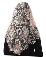 Catholic Veils for Women Mass, Triangle Floral Chapel Veil Lace Champagne