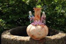 0286 Famille Rose Melon-Shaped Vase with Wood-Grain Glaze, Boy & Girl Figures