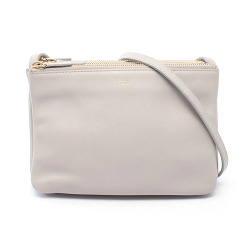 CELINE TRIO SMALL Leather Shoulder Bag Gray Used Authentic