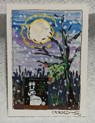 Postal Whimsy ACEO OOAK   White Rabbit Forever Stamp Winter Snow Flurry Scene