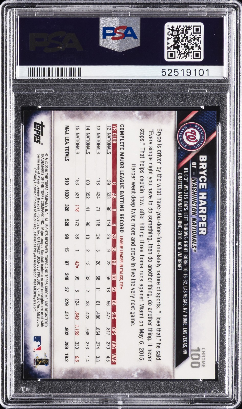 2016 TOPPS CHROME SAPPHIRE EDITION #100 BRYCE HARPER PSA 10 view 2